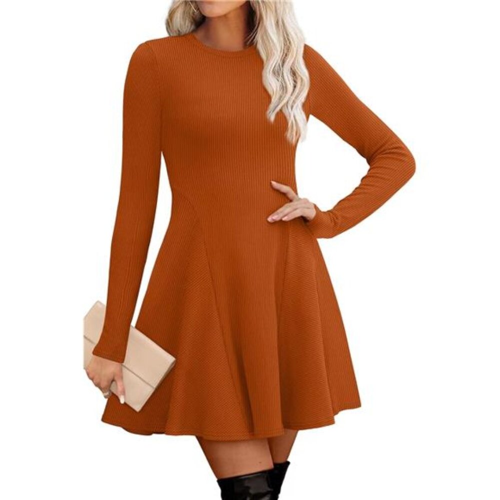 Women Long Sleeve Crew Neck Ribbed Knit Dress Orange
